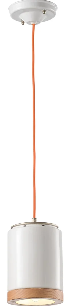 Ferroluce Pendelleuchte Keramik Holz rund D: 12,5 cm Weiß Natur E27< Wohnzimmerlampen|Holzlampen