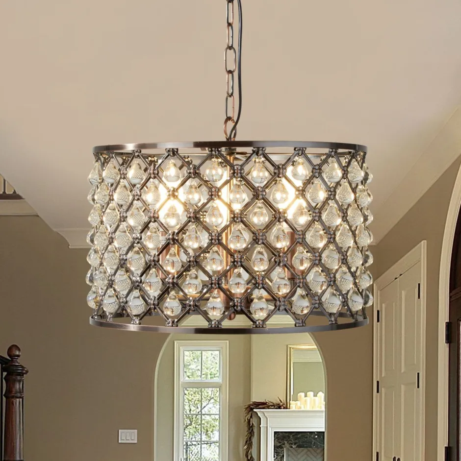 Searchlight Pendelleuchte Kristall Ø 38 cm 3x E14 in Kupfer antik< Hängelampen|Wohnzimmerlampen