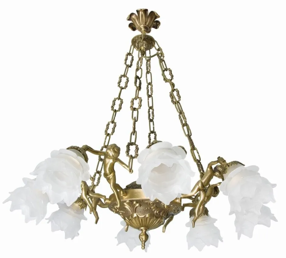 Giovanni Battista Pendelleuchte Messing echt 8-flmg in Bronze Putti< Hängelampen|Jugendstil Lampen