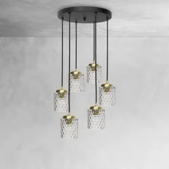 Hängelampen|Bürolampen*Giovanni Battista Pendelleuchte Messing Eisen Glas 6x E27 in Schwarz Klar