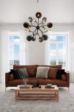 Hängelampen|Wohnzimmerlampen*By Rydéns Pendelleuchte Metall Glas 80 cm breit Schwarz Gold 8x G9