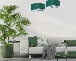 BPS Koncept Pendelleuchte rund Ø 50 cm E27 Stoff Velours Optik Grün Weiß< Hängelampen|Bürolampen