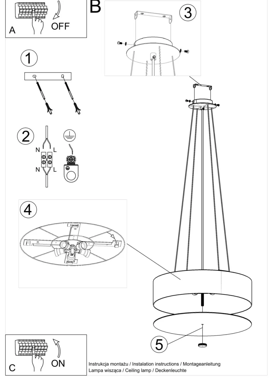 Sollux Pendelleuchte rund Ø 50 cm Schwarz blendarm Stoff Glas< Hängelampen|Wohnzimmerlampen