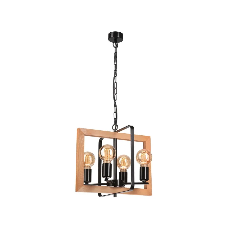 Lamkur Pendelleuchte Rustikal Holz Metall Schwarz 4-flammig E27< Rustikale Lampen|Holzlampen