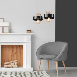 Lamkur Pendelleuchte Schwarz Gold B: 40 cm Metall 2-flammig E27< Bürolampen|Küchenlampen