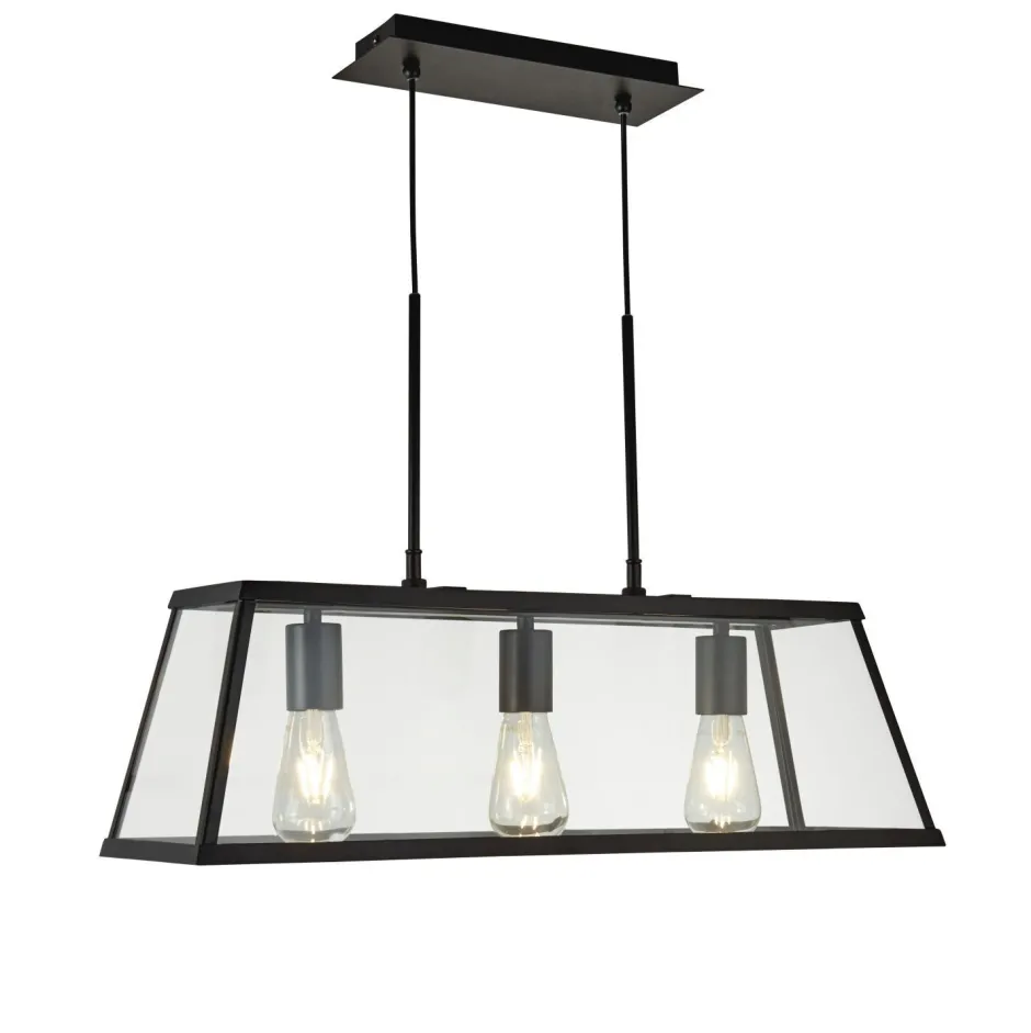 Searchlight Pendelleuchte Schwarz Klar B: 65 cm 3x E27 Glas Metall< Hängelampen|Esszimmer Lampen