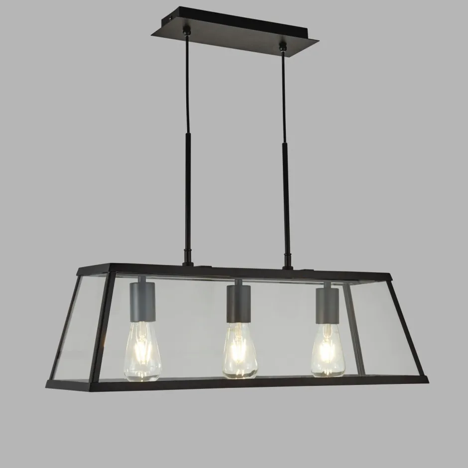 Searchlight Pendelleuchte Schwarz Klar B: 65 cm 3x E27 Glas Metall< Hängelampen|Esszimmer Lampen