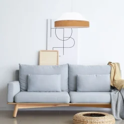 Belis Pendelleuchte Stoff Schirm Weiß Natur E27 Ø45 cm rund< Hängelampen|Bürolampen