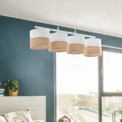 Wohnzimmerlampen|Stofflampen*TK Lighting Pendelleuchte Weiß Braun 4-flammig Metall Stoff Jute E27