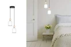 Hängelampen|Bürolampen*Belis Runde Pendelleuchte Weiß Metall Holz 2-flmg E27 Ø21 cm