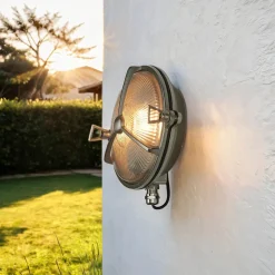 Lido Schiffslampe Messing Riffelglas IP64 rostfrei rund< Außenleuchten Antik|Außenwandleuchten