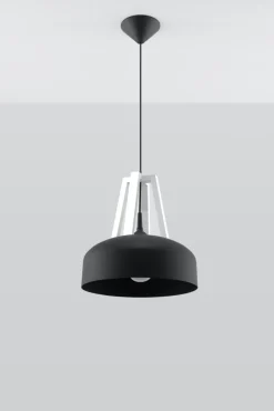 Sollux Schwarze Pendelleuchte Metall Holz rund Ø30cm Retro< Wohnzimmerlampen|Retro Lampen