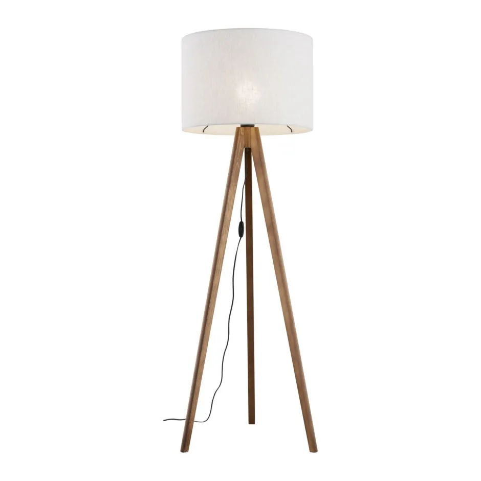 TK Lighting Stehlampe Dreibein klein 145 cm E27 Skandi Holz Leinen< Stofflampen|Holzlampen