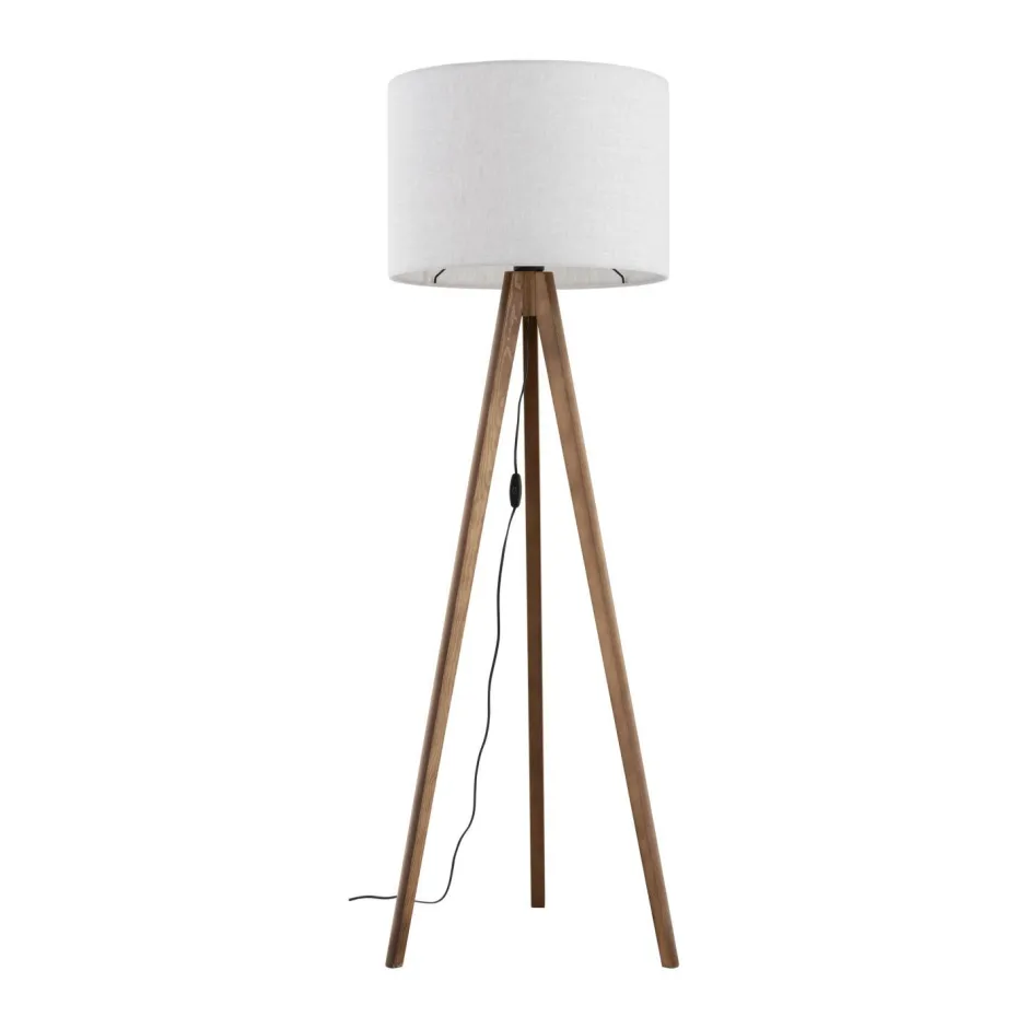 TK Lighting Stehlampe Dreibein klein 145 cm E27 Skandi Holz Leinen< Stofflampen|Holzlampen