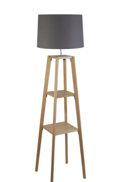 Searchlight Stehleuchte mit Ablage Holz Stoff Grau Natur E27 152 cm< Bürolampen|Stofflampen