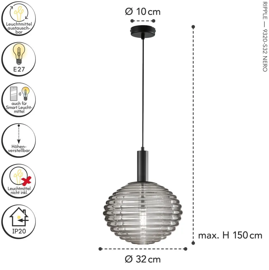 Eco-Light Stilvolle Pendelleuchte Rauchglas Ø32 cm E27 dekorativ< Wohnzimmerlampen|Glaslampen