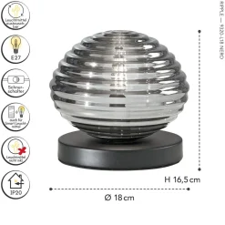 Eco-Light Stilvolle Tischlampe Rauchglas 16,5 cm E27 dekorativ< Wohnzimmerlampen|Glaslampen