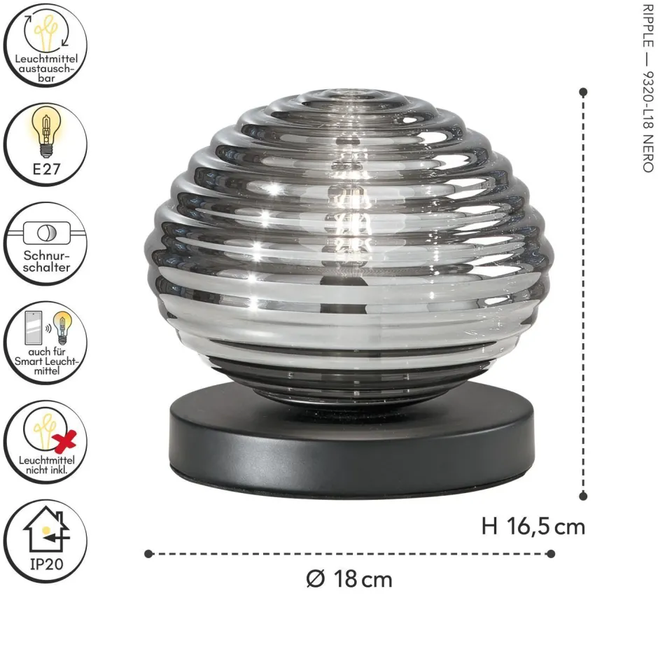 Eco-Light Stilvolle Tischlampe Rauchglas 16,5 cm E27 dekorativ< Wohnzimmerlampen|Glaslampen