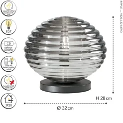 Eco-Light Stilvolle Tischlampe Rauchglas 28 cm E27 dekorativ< Wohnzimmerlampen|Glaslampen