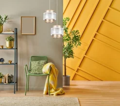 Hängelampen|Bürolampen*Belis Stoff Pendelleuchte Weiß Gold E27 2-flammig L:33 cm