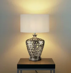 Stofflampen|Schlafzimmer Lampen*Searchlight Tischlampe Chrom Weiß E27 57 cm Ø 36 cm Stoff Keramik