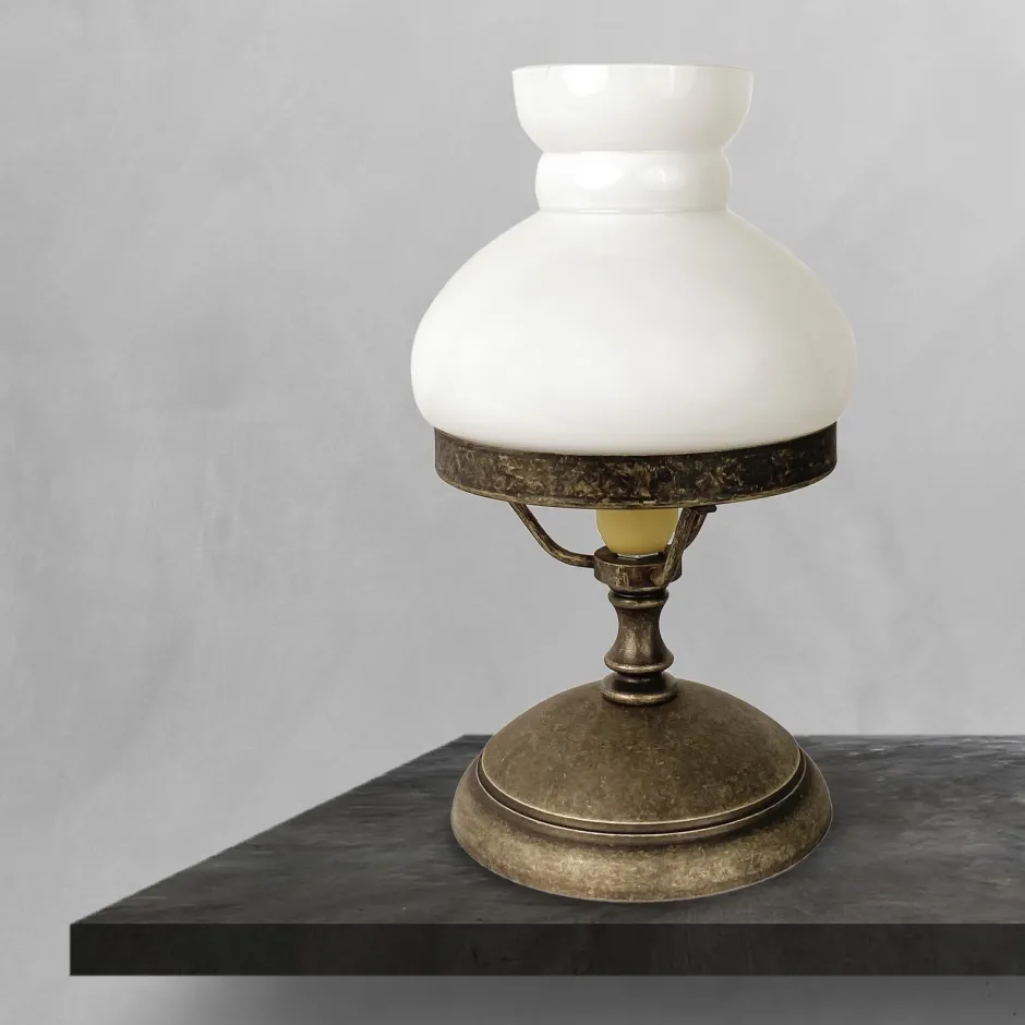 Giovanni Battista Tischlampe Glas Messing 23,5 cm in Bronze Antik Weiß E14< Glaslampen|Messinglampen