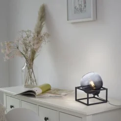 Just Light Tischlampe Glasschirm Rauchgrau Schwarz E27 23 cm klein< Wohnzimmerlampen|Schlafzimmer Lampen