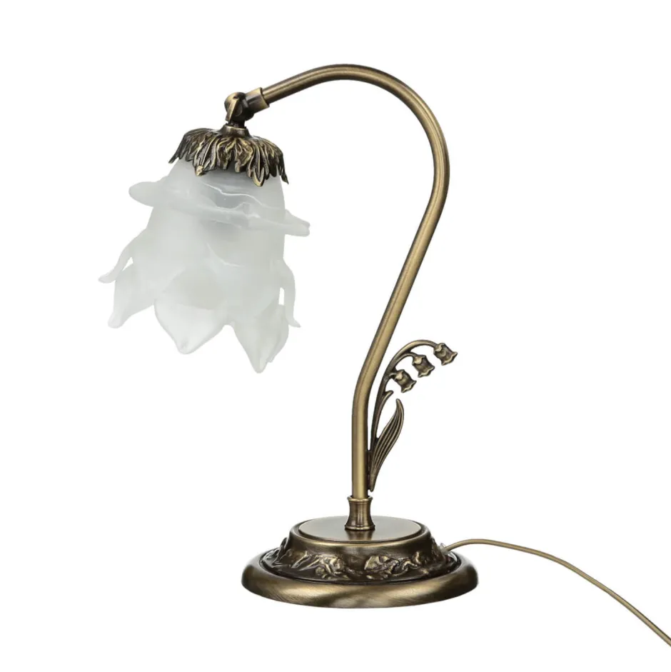 Giovanni Battista Tischlampe Glasschirm Weiß Echt-Messing Floral< Wohnzimmerlampen|Glaslampen