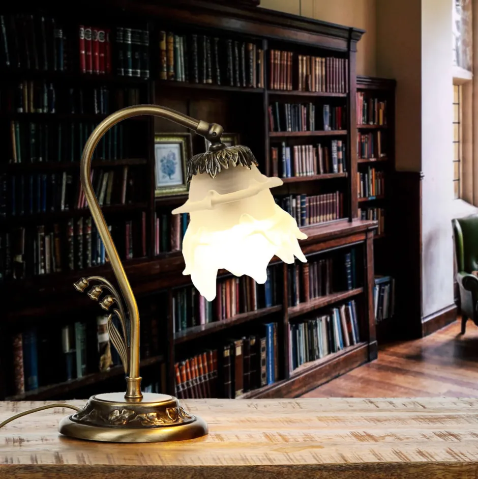 Giovanni Battista Tischlampe Glasschirm Weiß Echt-Messing Floral< Wohnzimmerlampen|Glaslampen