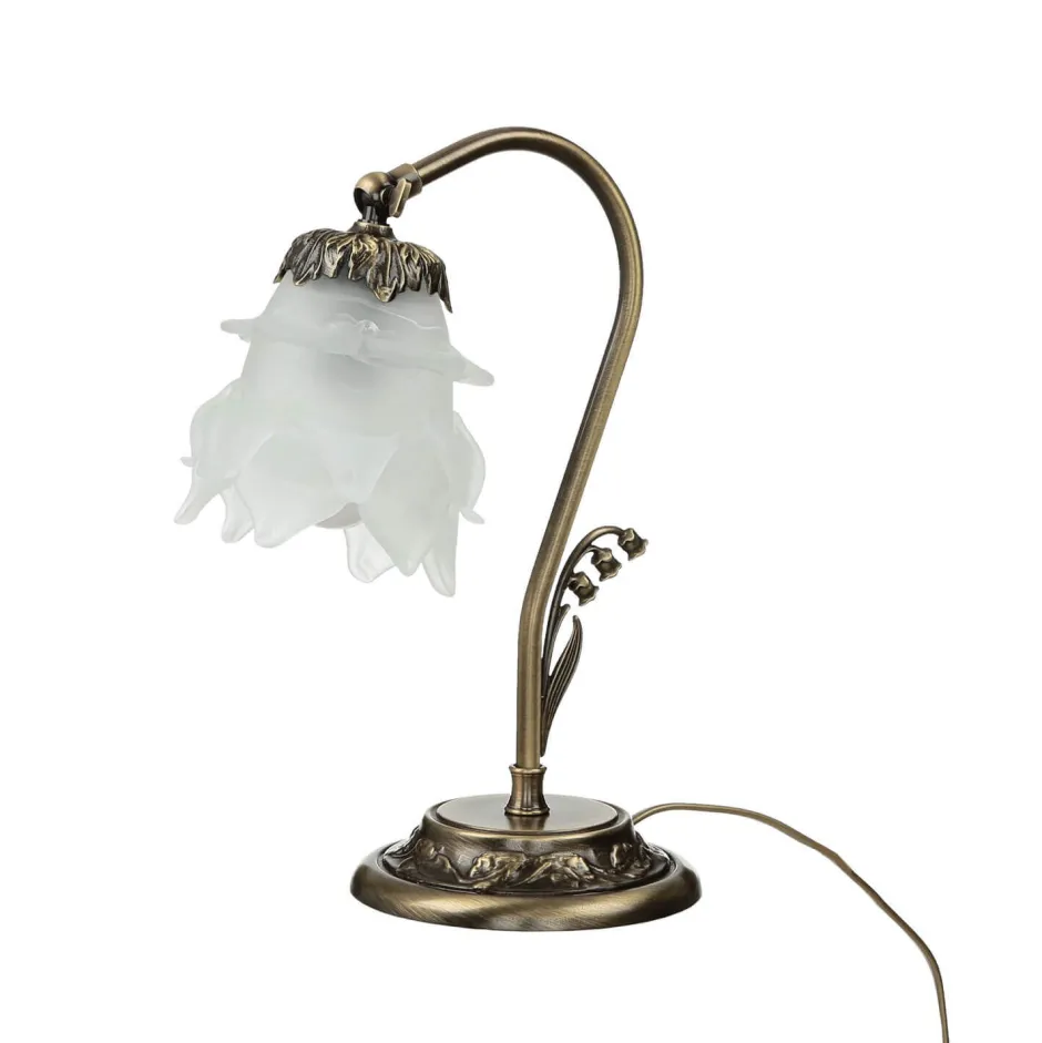 Giovanni Battista Tischlampe Glasschirm Weiß Echt-Messing Floral< Wohnzimmerlampen|Glaslampen