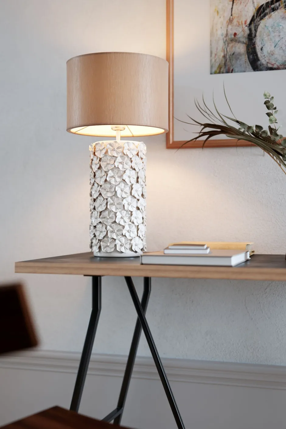 By Rydéns Tischlampe Keramik Stoff 54,5 cm hoch Beige E27 Floral< Wohnzimmerlampen|Schlafzimmer Lampen