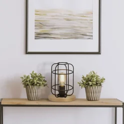 Searchlight Tischlampe klein H: 24,5 cm Ø 18 cm E27 Metall Holz< Retro Lampen|Tischlampen