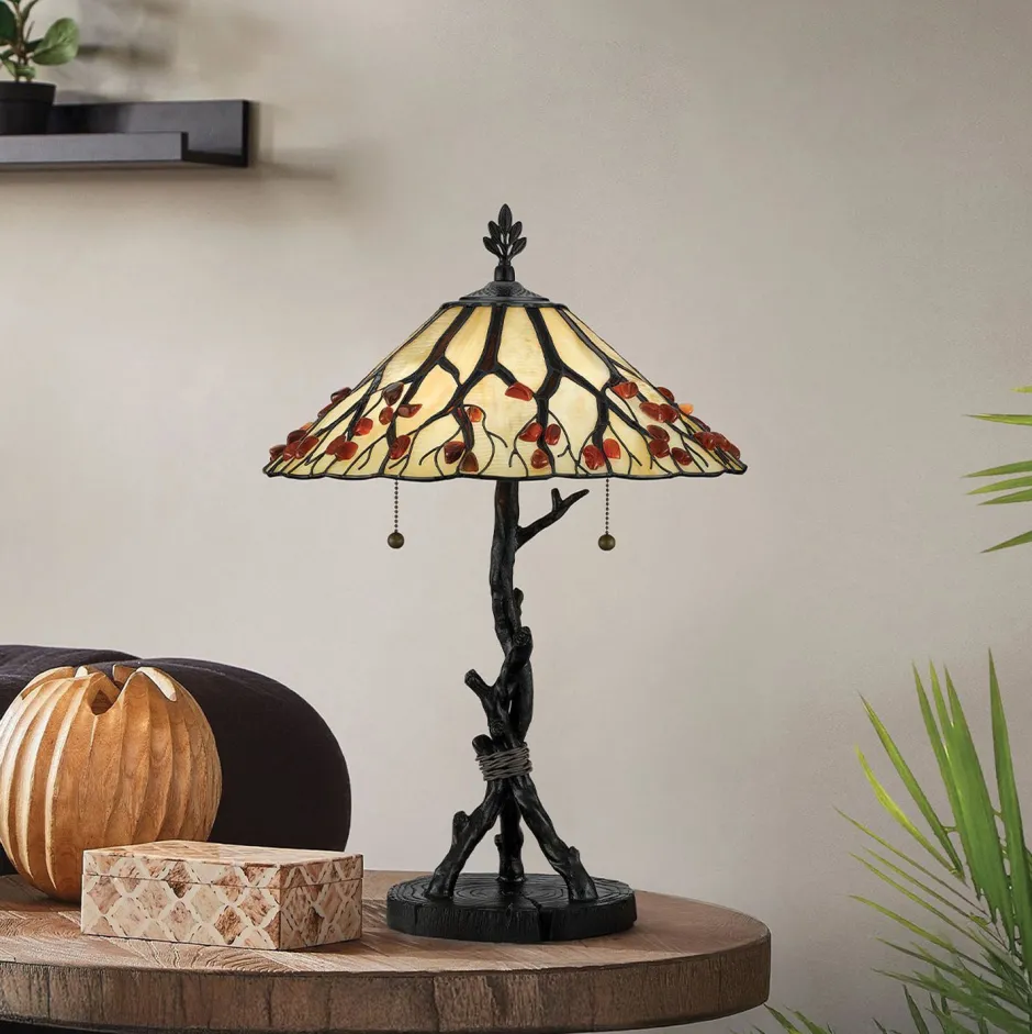 Wohnzimmerlampen|Rustikale Lampen*Elstead Tischlampe Metall Glas 62,9 cm Tiffany Stil 2x E27 Handarbeit