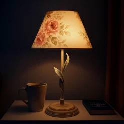 Nachttischlampen|Stofflampen*Lamkur Tischlampe Metall Shabby Weiß Stoff rund Landhaus