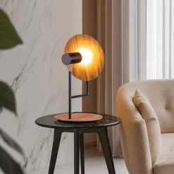 Wohnzimmerlampen|Schlafzimmer Lampen*Elstead Tischlampe Metall Teakholz Furnier 46 cm hoch Modern