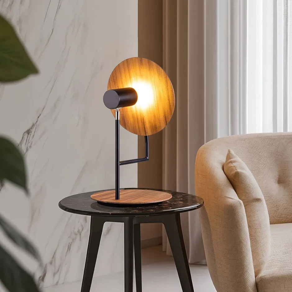 Wohnzimmerlampen|Schlafzimmer Lampen*Elstead Tischlampe Metall Teakholz Furnier 46 cm hoch Modern