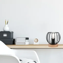 Lamkur Tischlampe Schwarz E27 klein H: 16 cm Metall Holz Retro< Tischlampen|Kugellampen