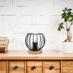 Lamkur Tischlampe Schwarz E27 klein H: 16 cm Metall Holz Retro< Tischlampen|Kugellampen