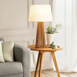 Elstead Tischlampe Stoff Teak Holz Furnier Stoff 66 cm E27< Wohnzimmerlampen|Schlafzimmer Lampen