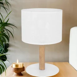 TK Lighting Tischlampe Weiß Holz SEYA Wohnzimmer Bett Lampe< Nachttischlampen|Stofflampen