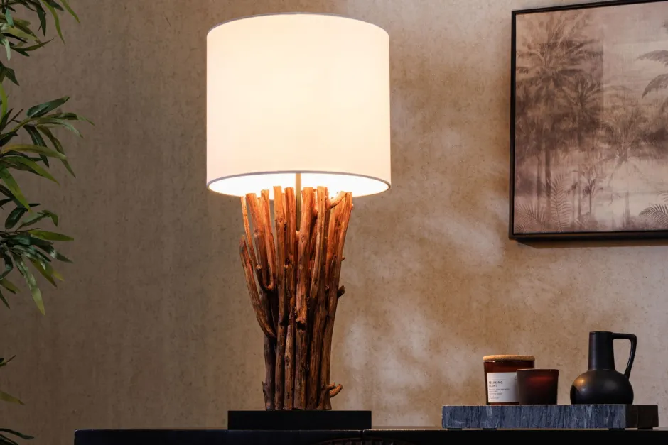 Invicta Interior Tischlampe Weiß Holz Stoff E27 H:58 cm gemütlich< Tischlampen|Schlafzimmer Lampen