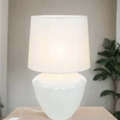 TK Lighting Tischlampe Weiß Silber groß 62 cm Stoff Glas E27< Nachttischlampen|Stofflampen