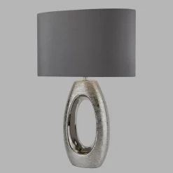 Stofflampen|Schlafzimmer Lampen*Searchlight Tischleuchte Chrom Grau E27 61 cm Stoff Keramik Modern