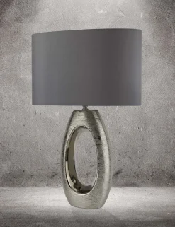 Stofflampen|Schlafzimmer Lampen*Searchlight Tischleuchte Chrom Grau E27 61 cm Stoff Keramik Modern