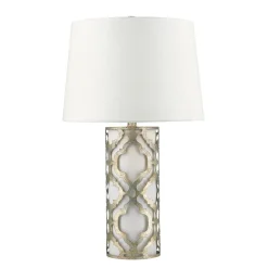 Elstead Tischleuchte Hoch 69cm Antik arabesque Blattsilber Stoff< Schlafzimmer Lampen|Stofflampen