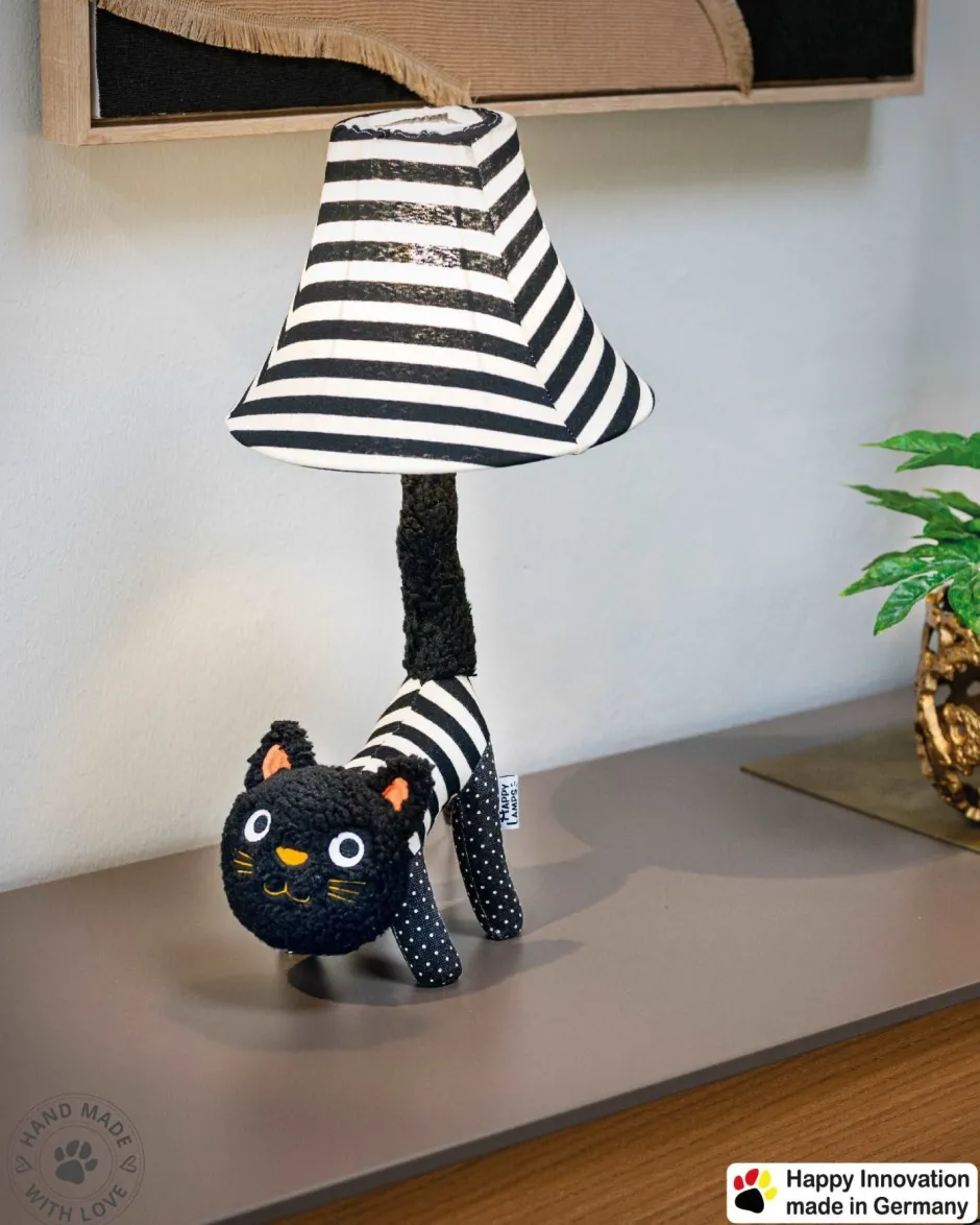 Happy Lamps Tischleuchte LED Katze 51 cm Schwarz Weiß flauschig<Kinder Wohnzimmerlampen|Kinderzimmerlampen