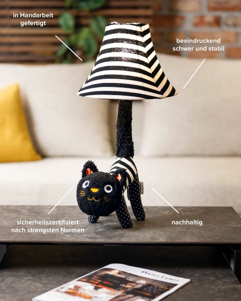Happy Lamps Tischleuchte LED Katze 51 cm Schwarz Weiß flauschig<Kinder Wohnzimmerlampen|Kinderzimmerlampen