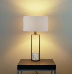 Searchlight Tischleuchte Marmor Sockel H: 62 cm groß in Gold Weiß E27< Stofflampen|Schlafzimmer Lampen