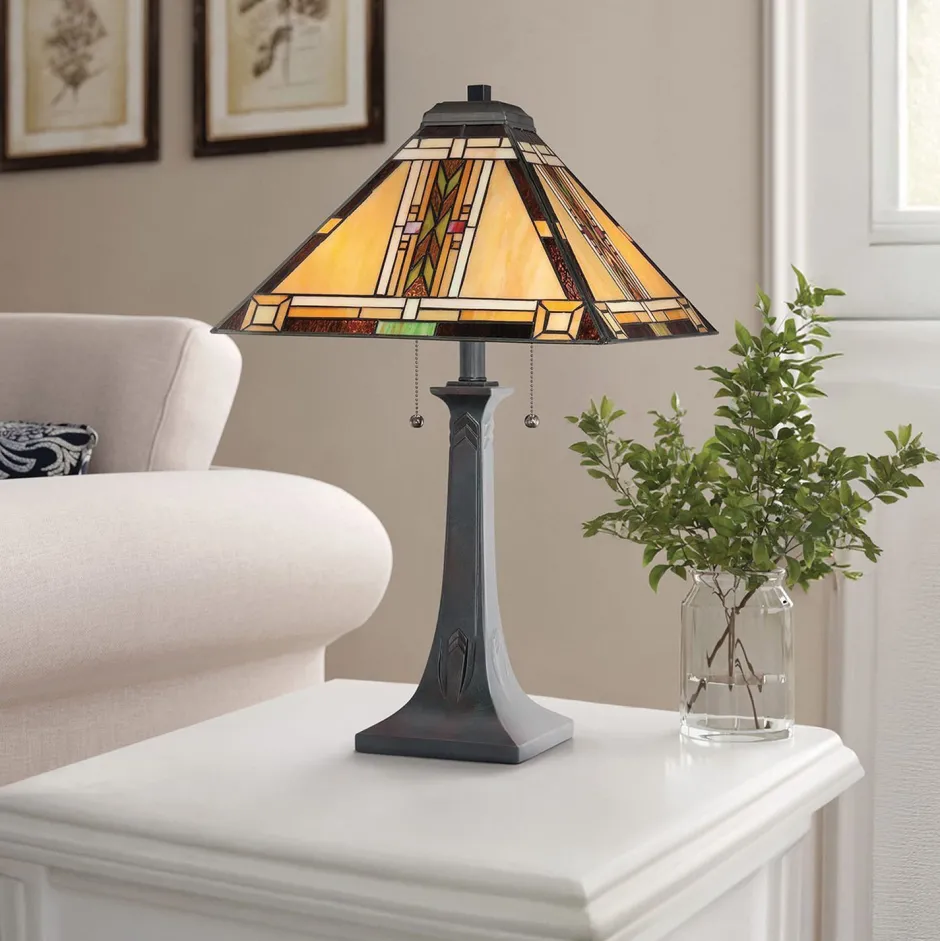 Elstead Tischleuchte Metall Glas 63,1 cm Tiffany Stil Zugschalter< Wohnzimmerlampen|Rustikale Lampen