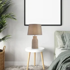 Searchlight Tischleuchte Rattan Leinen 48 cm hoch E14 Grau Natur Boho< Wohnzimmerlampen|Stofflampen